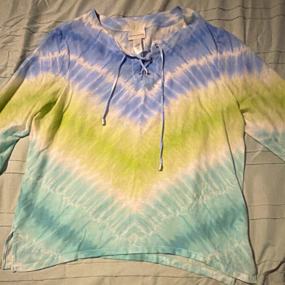 Alfred Dunner Women’s L Tie Dye Tunic Top Blue Green Lace Up 3/4 Sleeve Boho